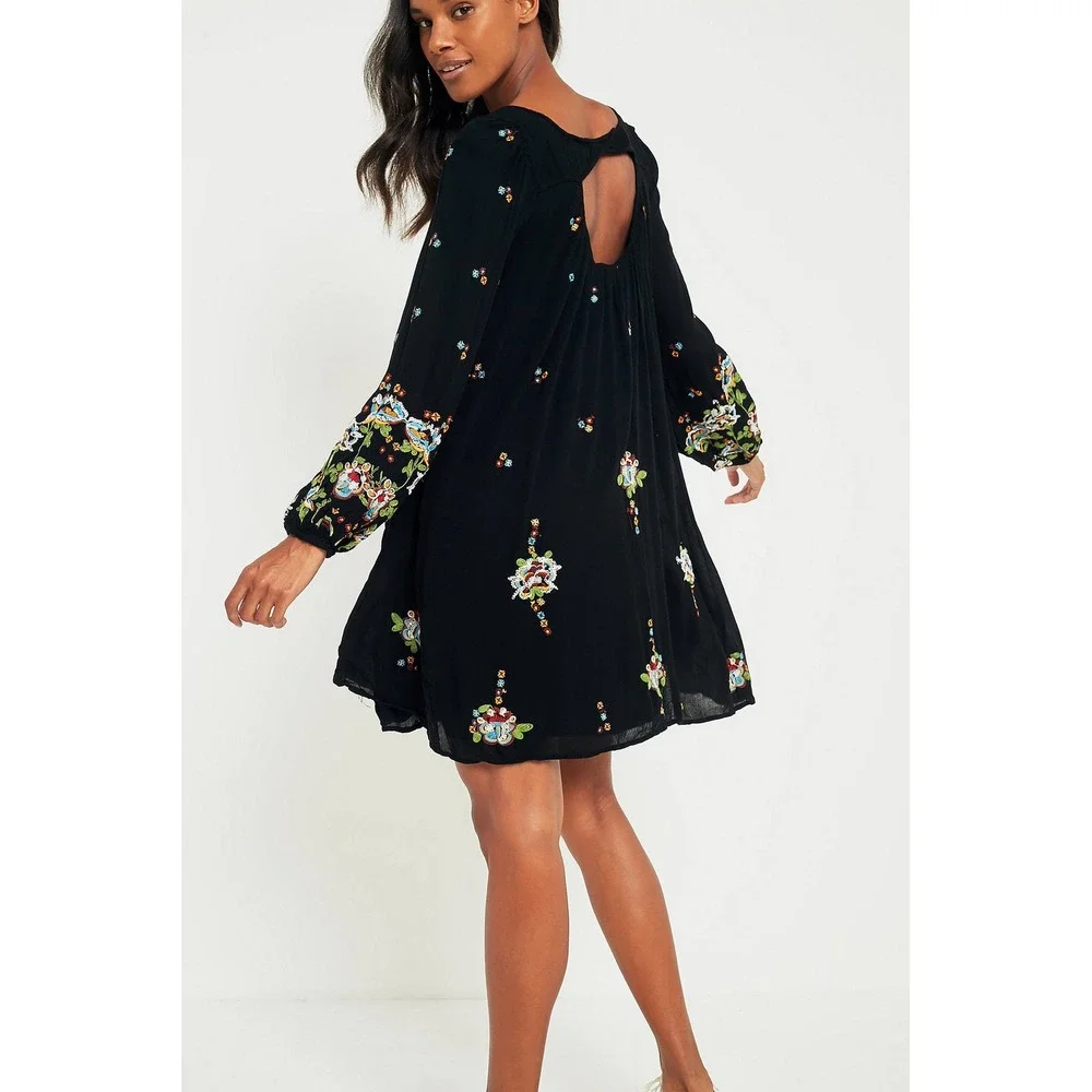 Free People Oxford Floral‎ Embroidered Boho Dress | Black + Floral